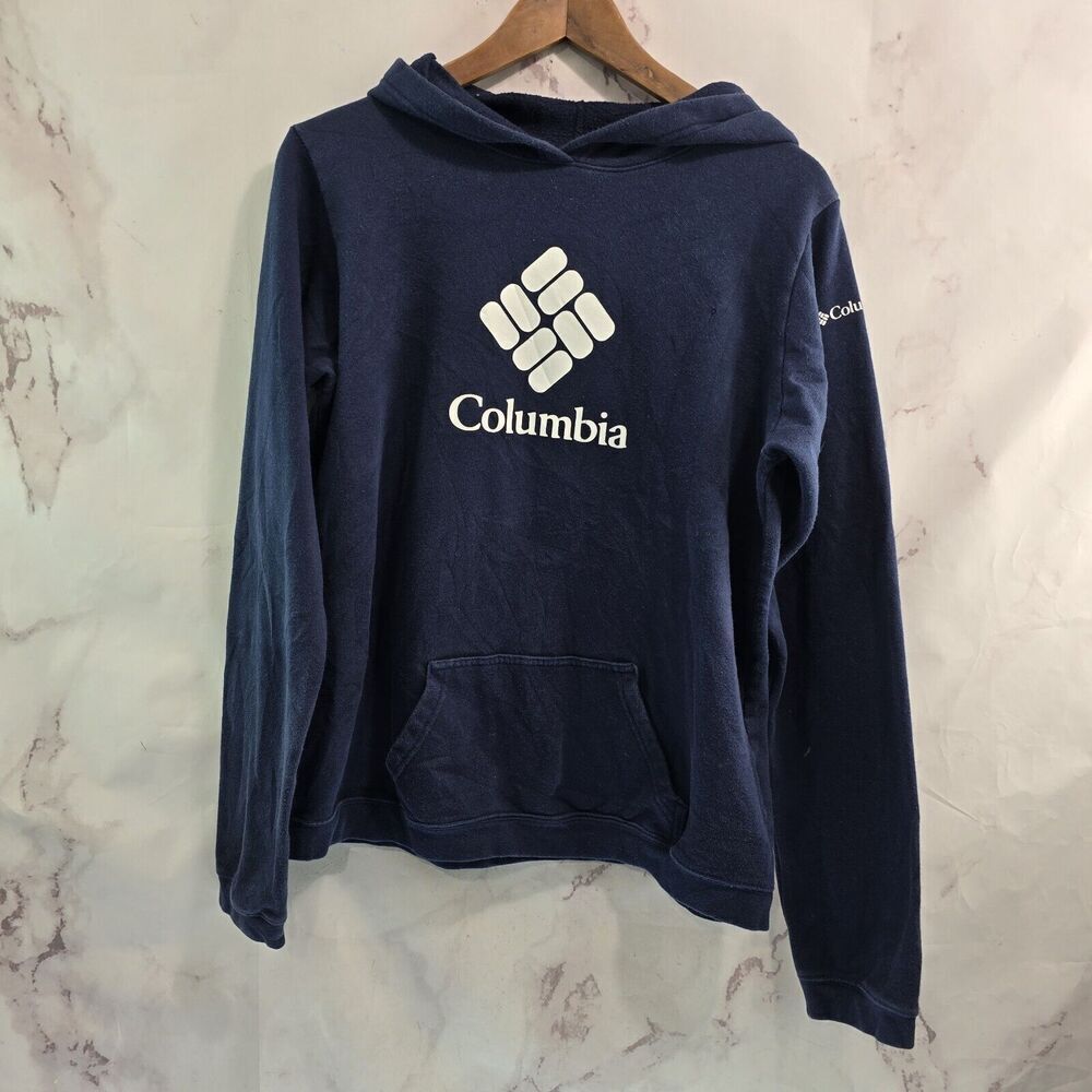 Columbia Hoodie Youth XL Navy White Spellout Sweatshirt Pullover Boys Trek Blue